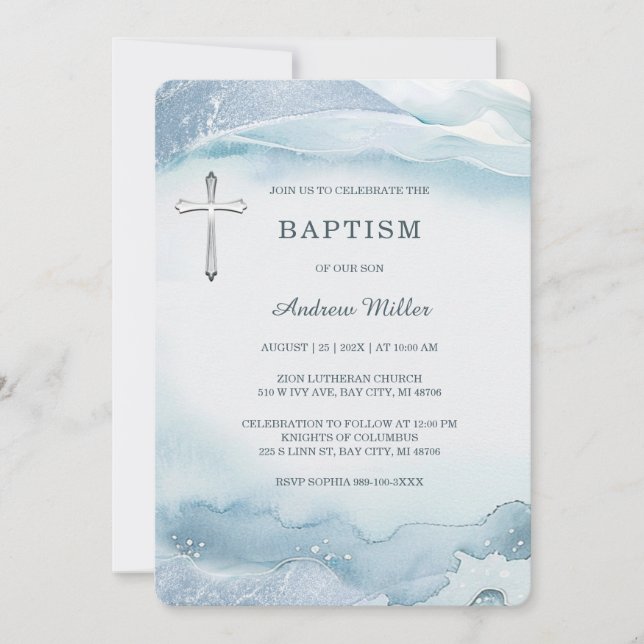 Faire Invitation de Baptême à l'aquarelle bleue po (Devant)