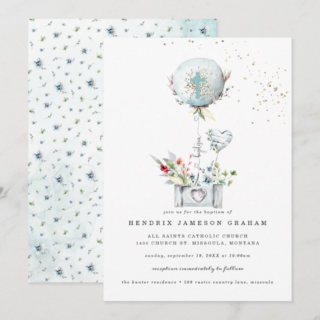 Faire invitation de baptême au ballon bleu élégant (Devant / Derrière)