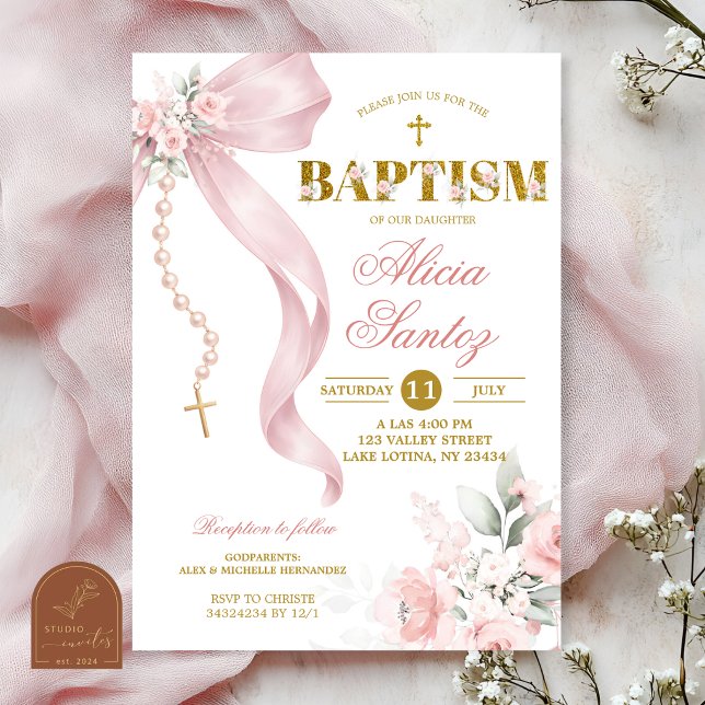 Faire invitation de baptême au rosaire rose pâle é (Créateur téléchargé)