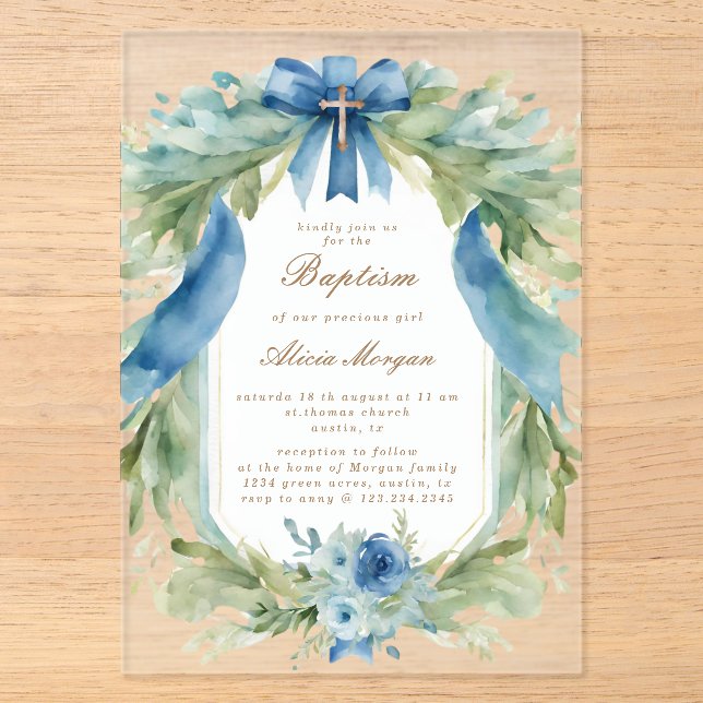 Faire invitation de baptême croix florale bleue (Recto)
