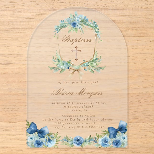 Faire invitation de baptême croix florale bleue él (Recto)