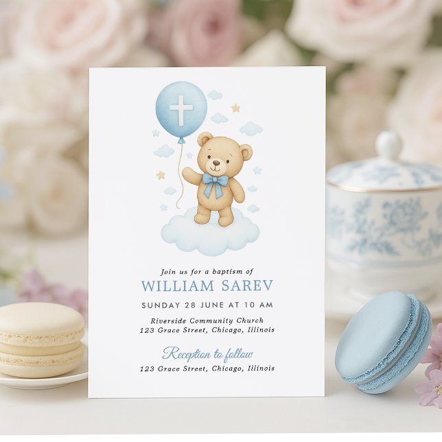 Faire invitation de baptême de garçon Ourson Teddy (Sweet teddy bear baptism invite with pastel treats – soft, charming design for baby boys)