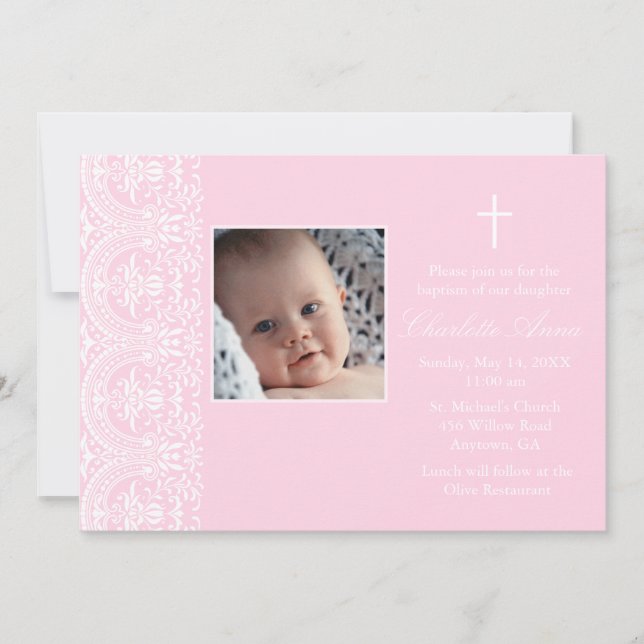 Faire invitation de baptême en damas rose et blanc (Devant)
