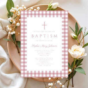 Faire invitation de baptême fille à carreaux rose
