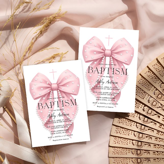 Faire invitation de baptême fille à ruban rose élé (Créateur téléchargé)