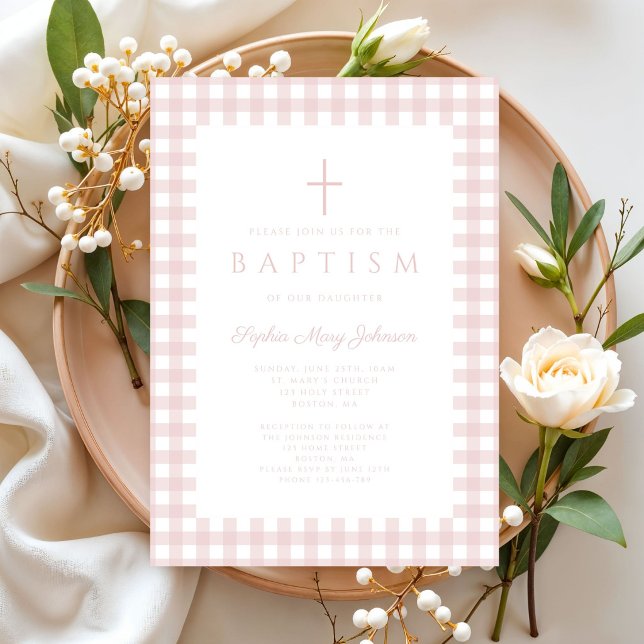 Faire invitation de baptême fille en vichy rose pâ (Elegant Blush Pink Gingham Girl Baptism Invitation)