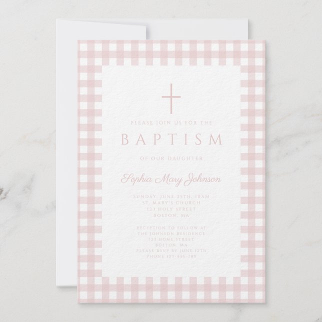 Faire invitation de baptême fille en vichy rose pâ (Devant)