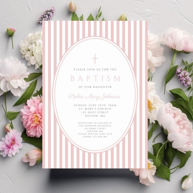 Faire invitation de baptême fille rayée rose éléga (Elegant Pink Striped Girl Baptism Invitation)