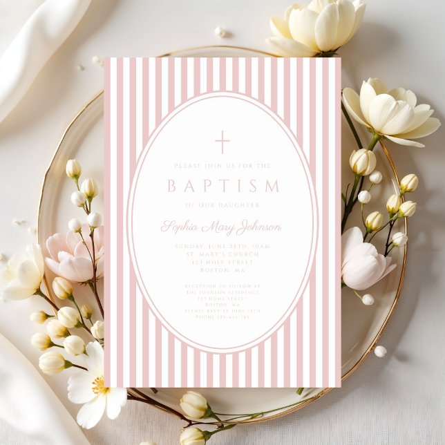 Faire invitation de baptême fille rayée rose éléga (Elegant Pink Striped Girl Baptism Invitation)