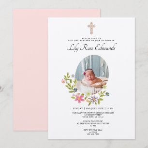 Faire Invitation de Baptême Florale Rose