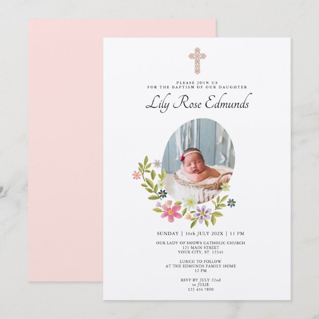 Faire Invitation de Baptême Florale Rose (Devant / Derrière)