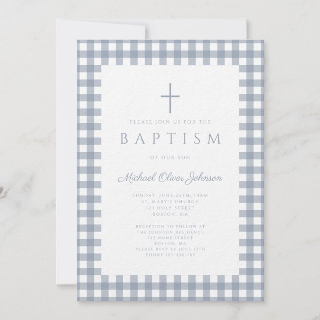 Faire invitation de baptême garçon à carreaux bleu (Devant)