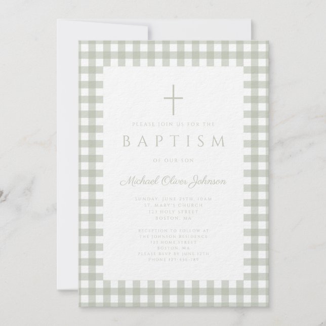 Faire invitation de baptême garcon à carreaux vert (Devant)