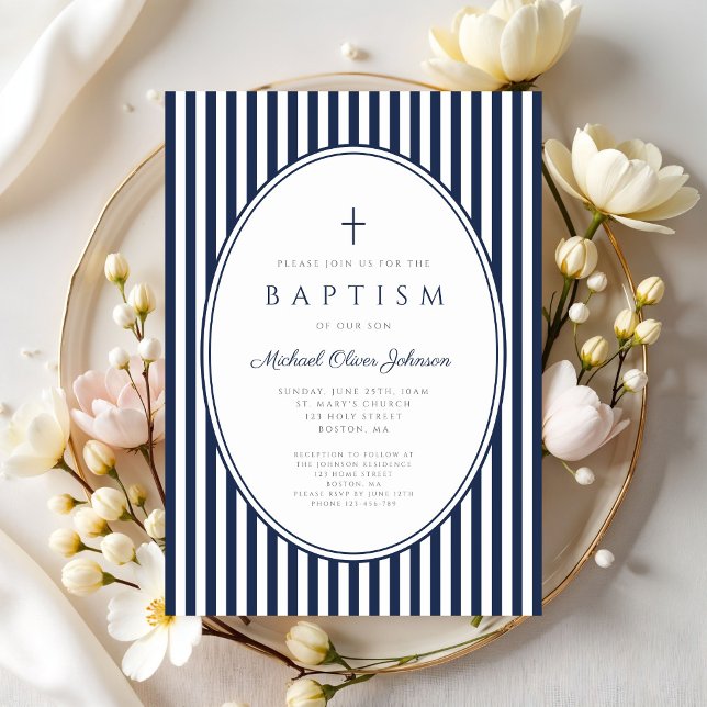 Faire invitation de baptême garçon rayé bleu marin (Elegant Navy Blue Striped Boy Baptism Invitation)