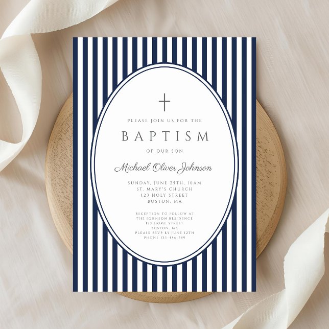 Faire invitation de baptême garçon rayures bleu ma (Elegant Navy Blue Stripes Boy Baptism Invitation)