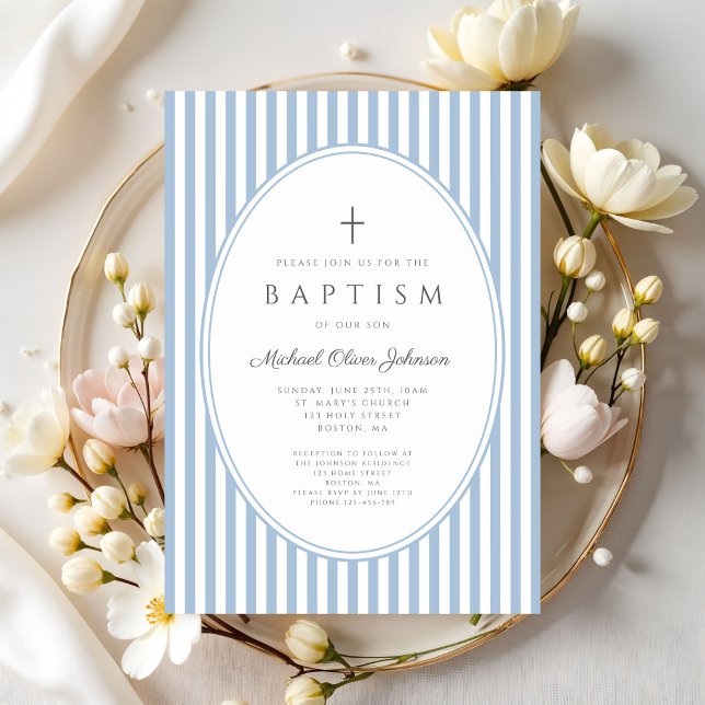 Faire invitation de baptême garçon rayures bleues (Elegant Blue Stripes Boy Baptism Invitation)