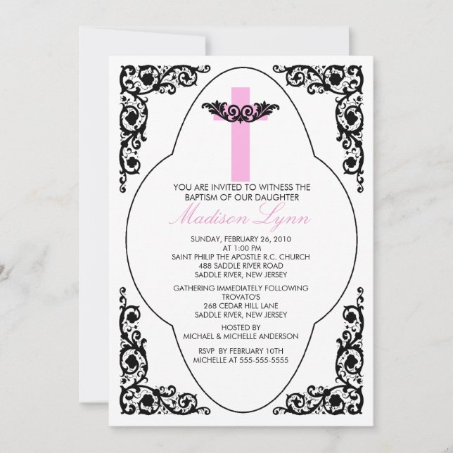 Faire invitation de baptême noir et rose (Devant)