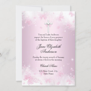 Faire invitation de baptême photo papillon rose et