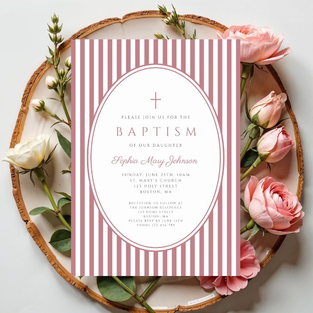 Faire invitation de baptême pour fille rayée rose  (Elegant Dusty Pink Striped Girl Baptism Invitation)