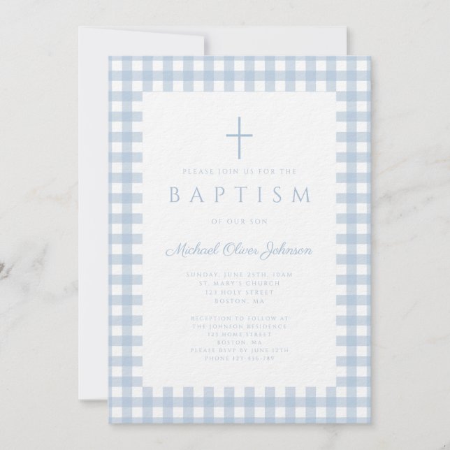 Faire invitation de baptême pour garçon à carreaux (Devant)