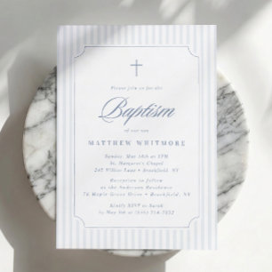 Faire invitation de baptême rayée bleu-gris