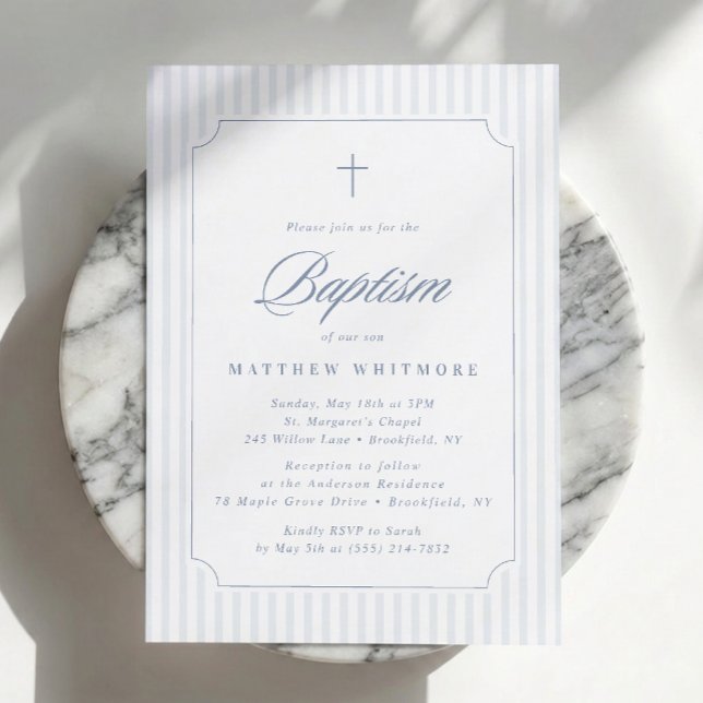 Faire invitation de baptême rayée bleu-gris (Créateur téléchargé)