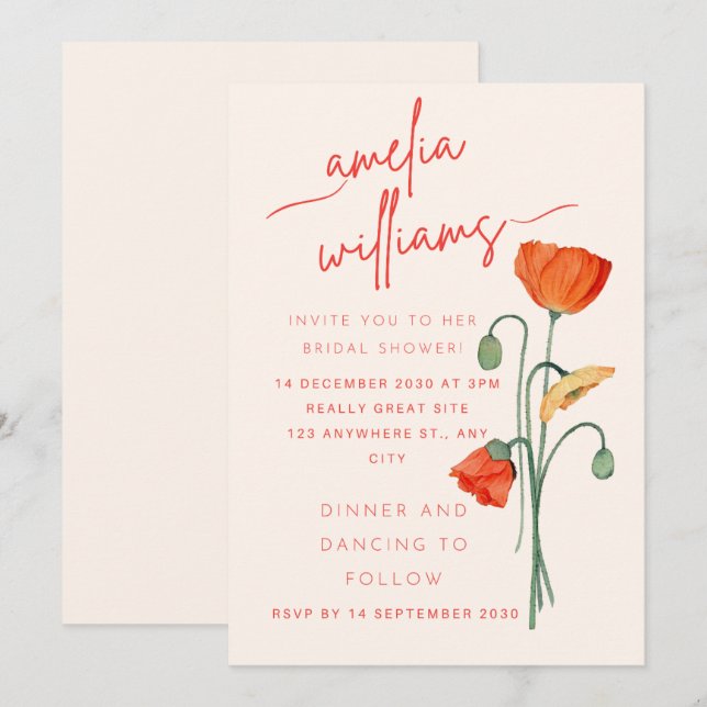 Faire invitation de douche de mariée florale Poppy (Devant / Derrière)