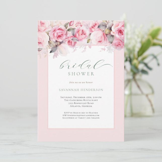 Faire invitation de douche de mariée florale rose  (Debout devant)