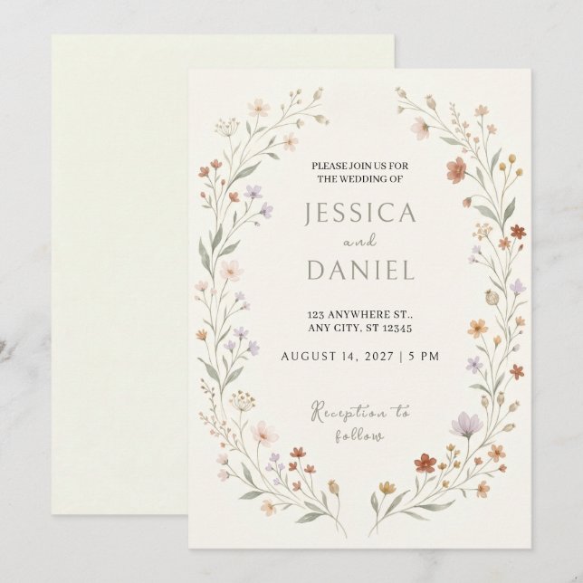 Faire invitation de mariage à bordure florale pêch (Devant / Derrière)