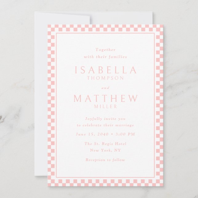 Faire invitation de mariage à cadre à damier rose (Devant)