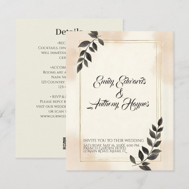 Faire invitation de mariage à feuille vert foncé (Devant / Derrière)