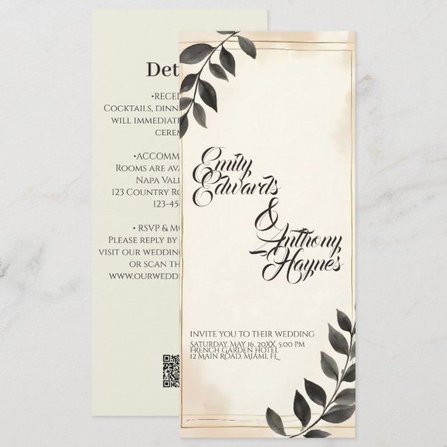 Faire invitation de mariage à feuille vert foncé (Devant / Derrière)