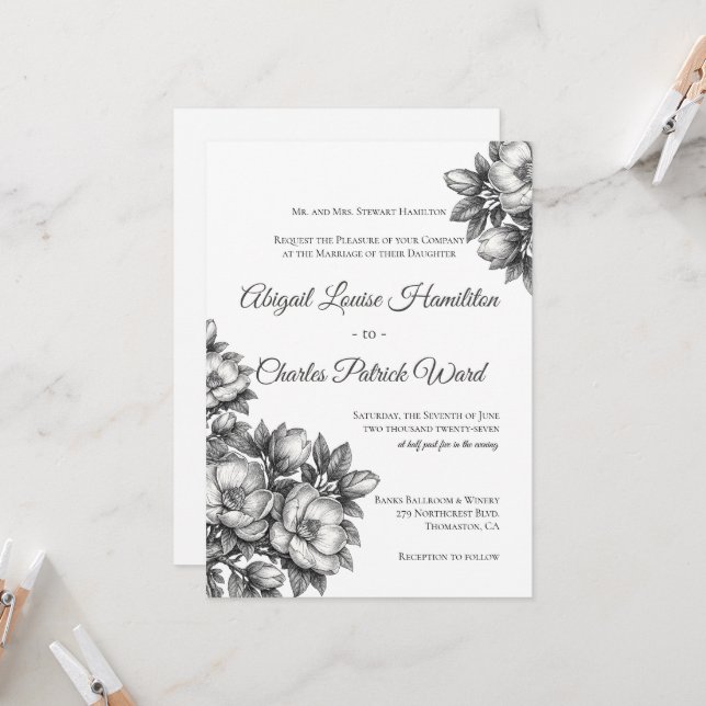 Faire invitation de mariage à la fleur de magnolia (Devant/Arrière en situation)