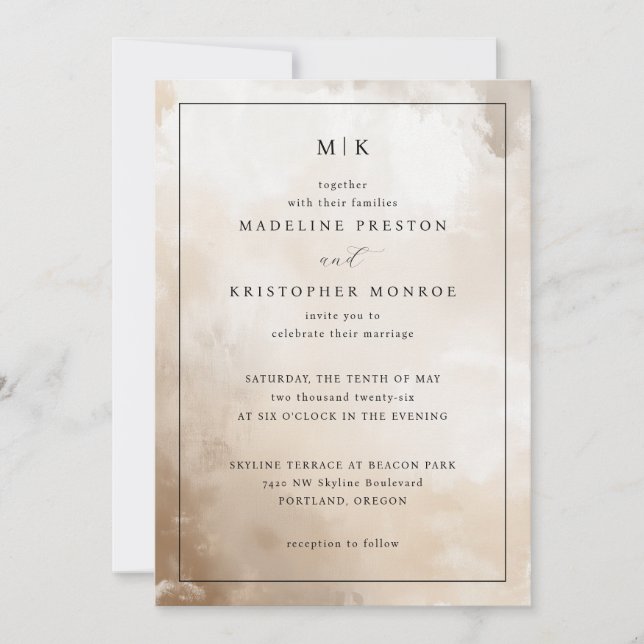 Faire invitation de mariage à l'aquarelle beige él (Devant)