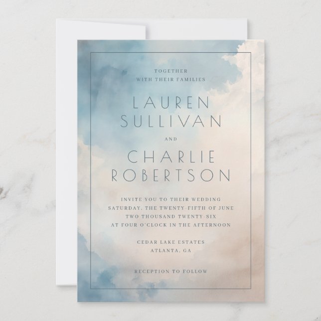 Faire invitation de mariage à l'aquarelle bleu sér (Devant)