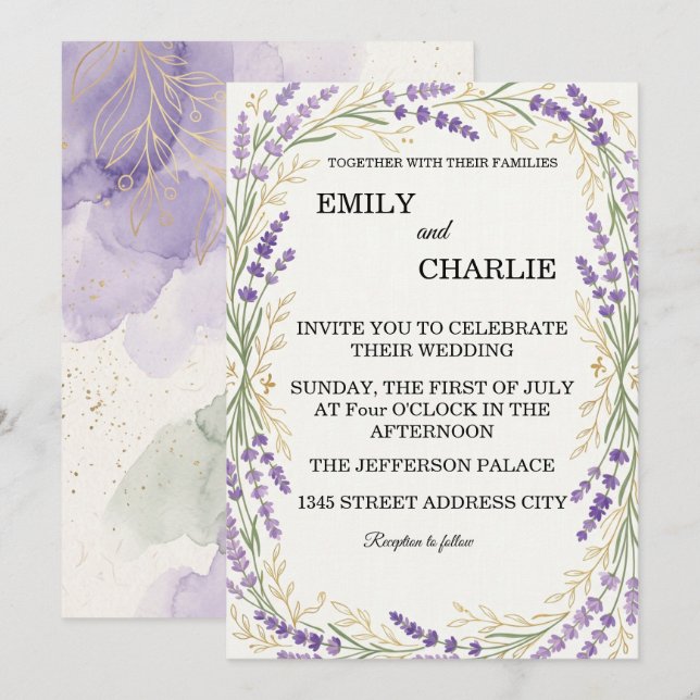 Faire invitation de mariage à l'aquarelle lavande  (Devant / Derrière)