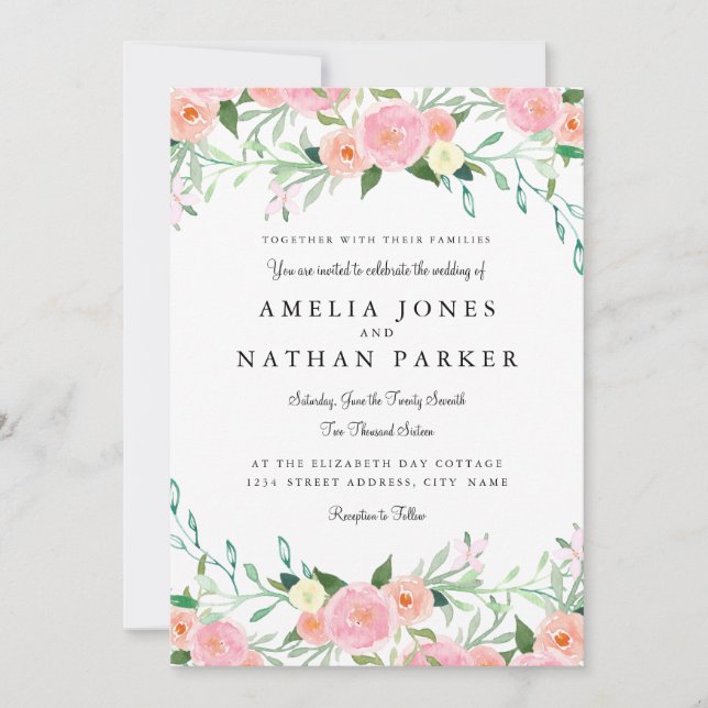 Faire invitation de mariage à l'aquarelle rose pêc (Devant)
