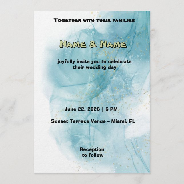 Faire invitation de mariage à l'aquarelle sarcelle (Devant)