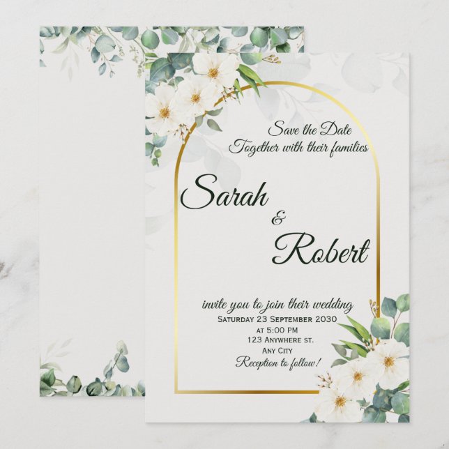 Faire invitation de mariage à l'arche florale blan (Devant / Derrière)