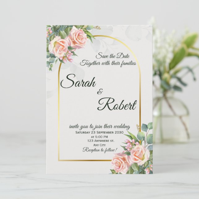 Faire invitation de mariage à l'arche florale rose (Debout devant)