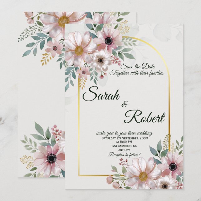 Faire invitation de mariage à l'arche florale rose (Devant / Derrière)