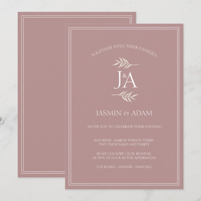 Faire invitation de mariage à monogramme rose pous (Devant / Derrière)