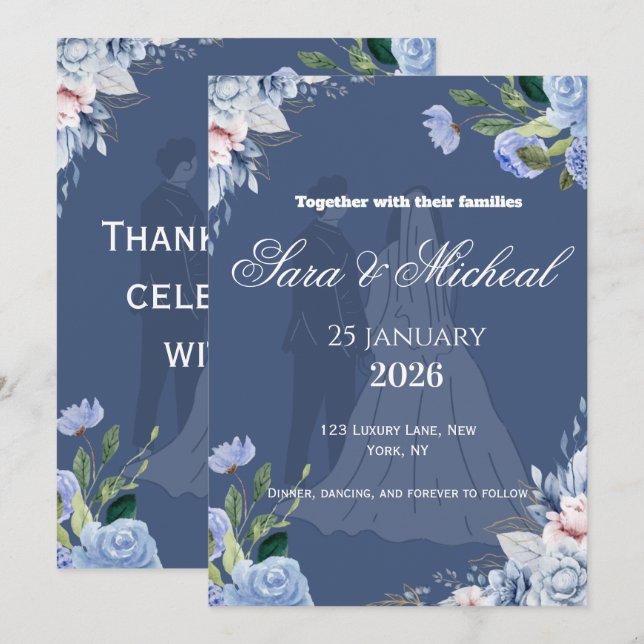Faire invitation de mariage à motif floral lavande (Devant / Derrière)