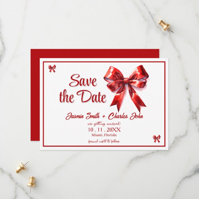 Faire invitation de mariage à nœud rouge Coquette  (Devant/Arrière en situation)