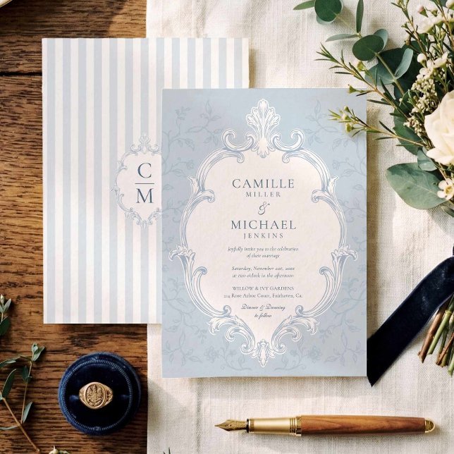 Faire invitation de mariage à rayures bleues et bl (Elegant Crest Toile Wedding Invitation)