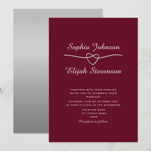 Faire invitation de mariage argent et burgundy (Devant / Derrière)