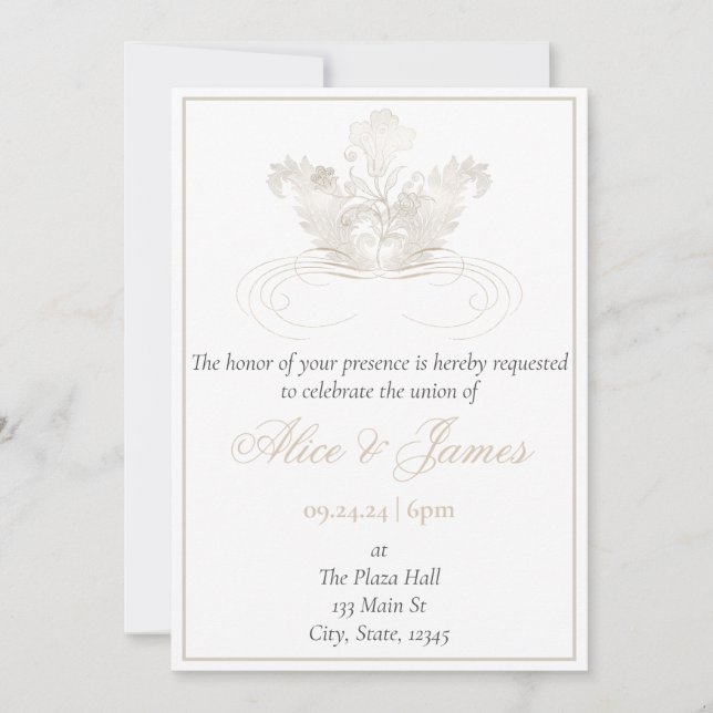 Faire invitation de mariage au champagne en or élé (Devant)