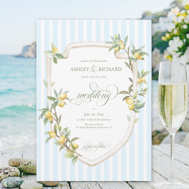 Faire invitation de mariage au citron méditerranée (Mediterranean citrus lemon pale blue white coastal stripe wedding invitation with calligraphy script)