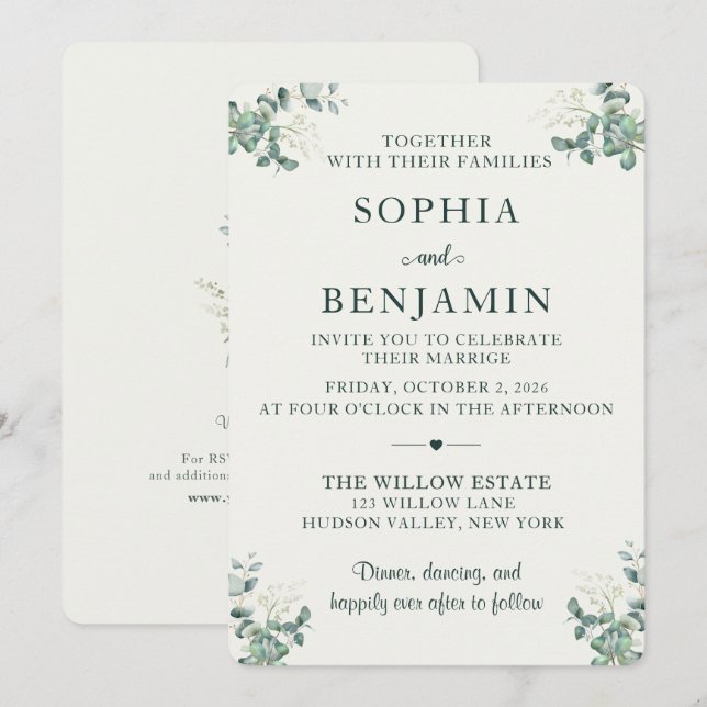 Faire invitation de mariage au eucalyptus  (Devant / Derrière)
