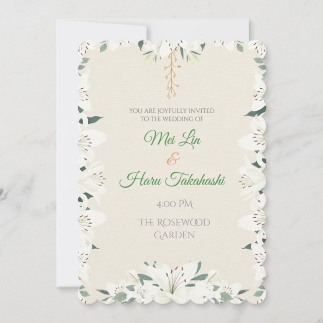 Faire invitation de mariage au lys blanc et au feu (Devant)